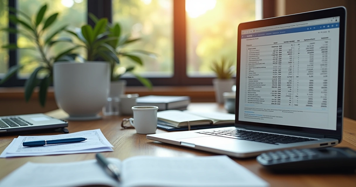 Mesa com laptop mostrando planilha de fluxo de caixa, calculadora, caderno com anotações e caneta 