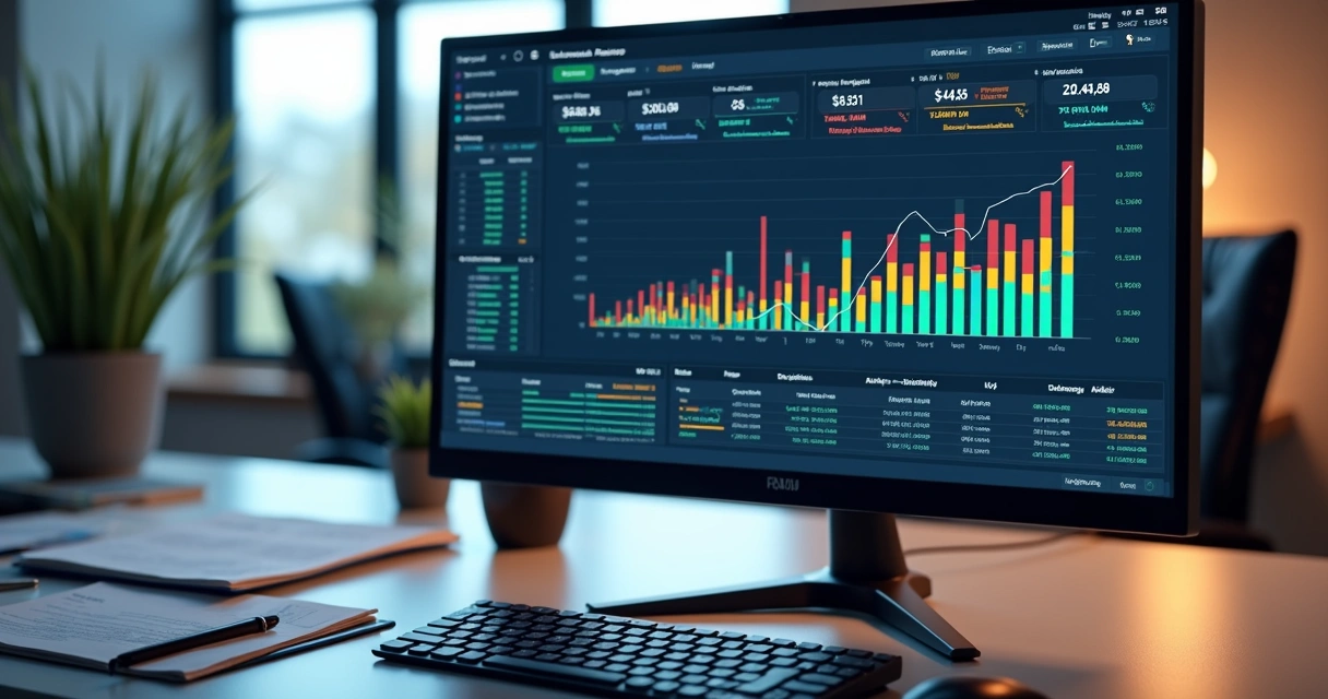 Tela de sistema digital mostrando gráficos de fluxo de caixa com entradas e saídas detalhadas 