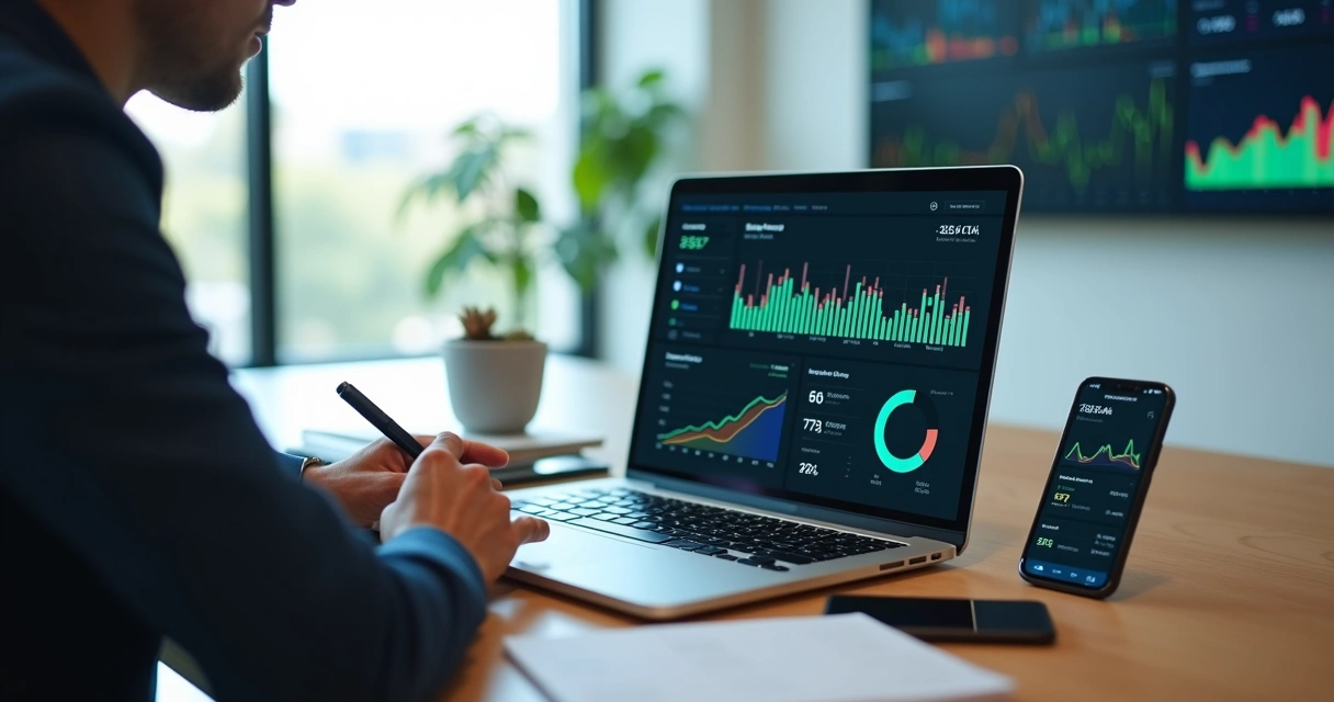 Dashboard digital de fluxo de caixa com gestor analisando gráficos em um notebook 