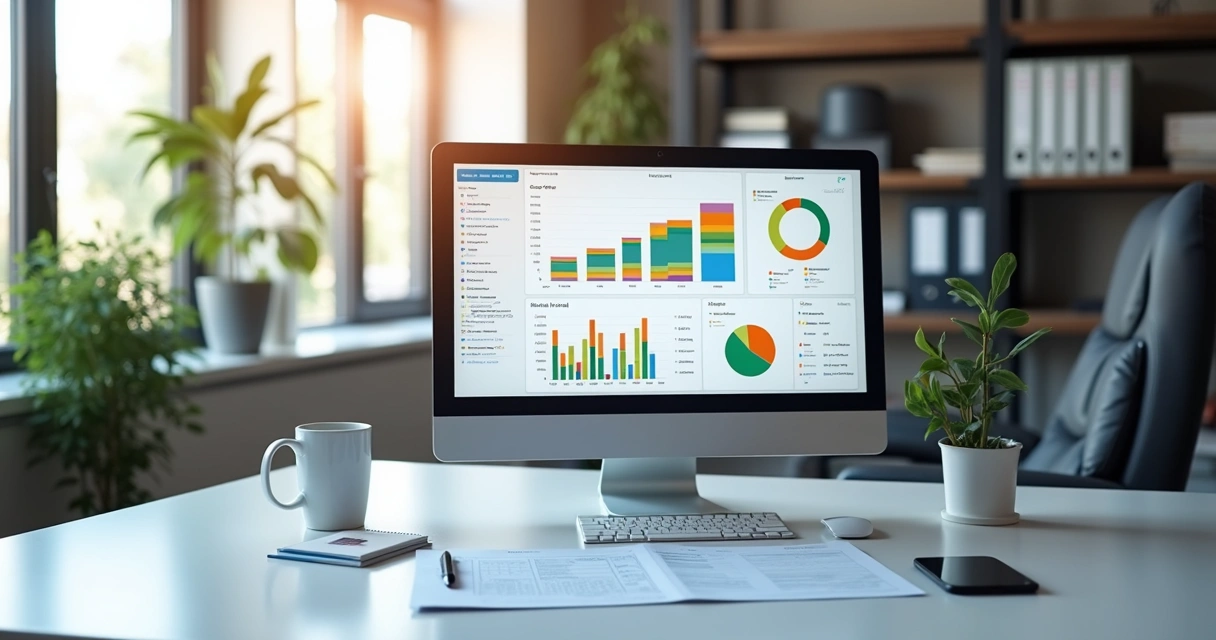 Dashboard digital mostrando gráficos e tabelas de fluxo de caixa em computador moderno 