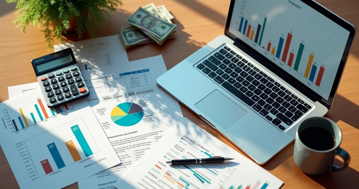Mesa de escritório com laptop aberto exibindo gráficos financeiros, documentos organizados, calculadora e notas de dinheiro ao redor 
