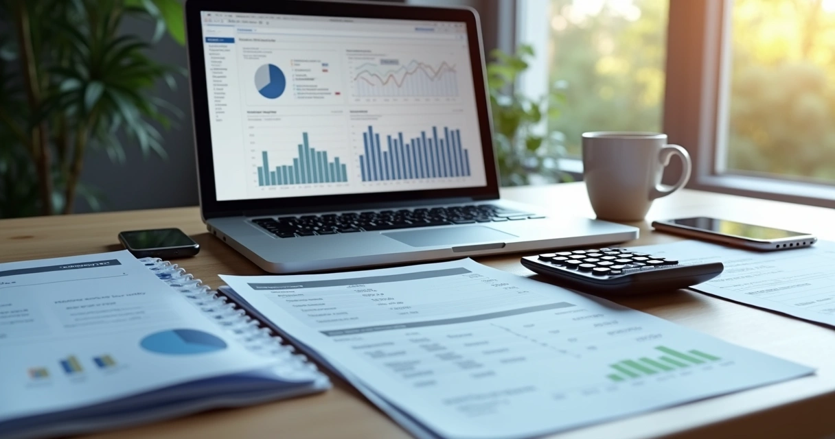 Mesa de escritório com notebook aberto mostrando gráficos financeiros e planilhas, calculadora e documentos fiscais eletrônicos ao lado 