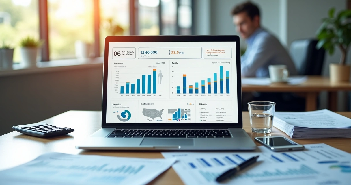 Mesa de escritório moderno com laptop aberto em dashboard financeiro mostrando gráficos de fluxo de caixa e documentos organizados ao redor 