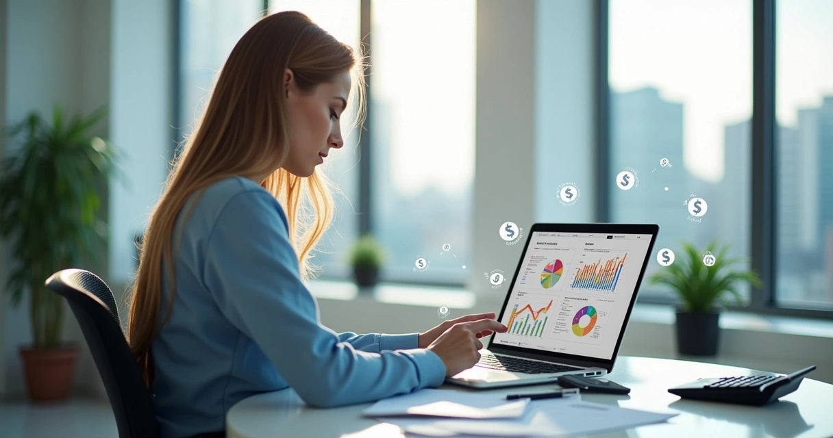 Homem analisando movimento financeiro com laptop e papéis 