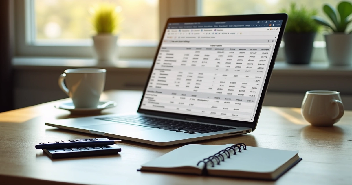 Mesa de escritório com laptop exibindo planilha de fluxo de caixa, notebook aberto, calculadora e caneta sobre mesa clara 