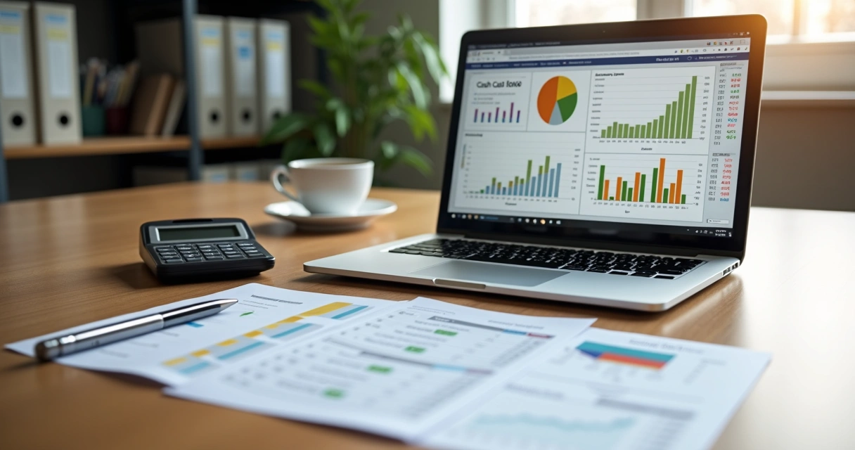 Mesa de escritório com laptop, calculadora, planilhas financeiras e caneta para controle de fluxo de caixa 
