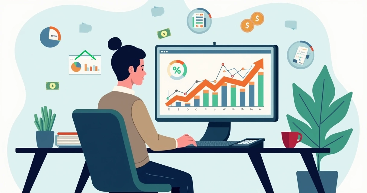 Ilustração plana corporativa de profissional analisando gráficos financeiros em tela digital com fluxos de caixa coloridos e calculadora ao lado 