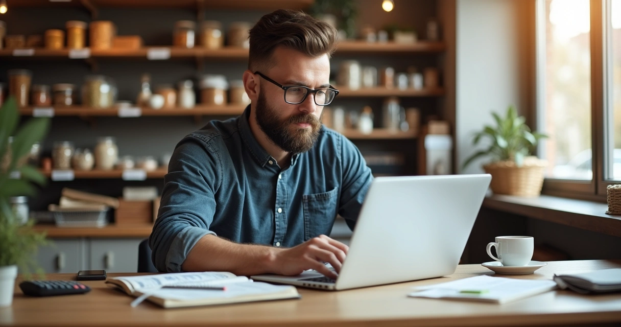 Microempreendedor analisando fluxo de caixa em computador na mesa de loja pequena com prateleiras ao fundo 