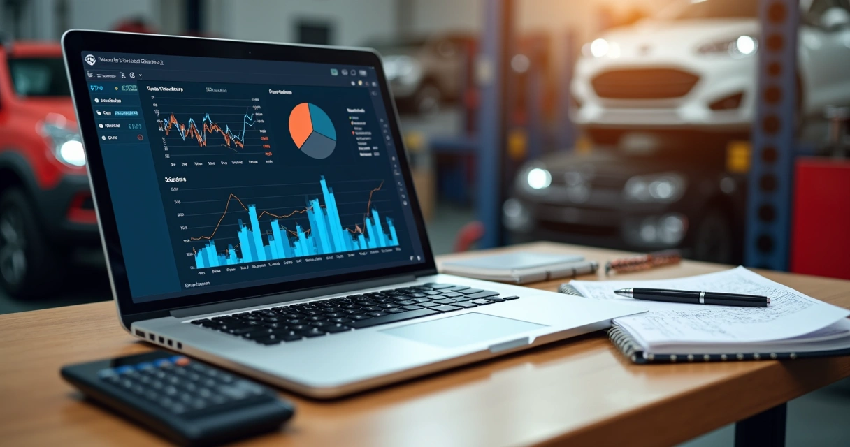Mesa com laptop mostrando gráficos financeiros, calculadora, caderno e caneta em oficina mecânica organizada 