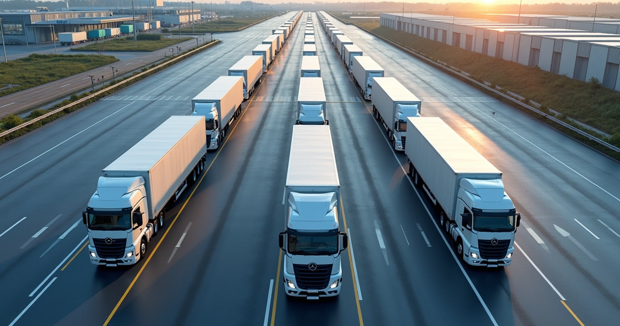 Caminhões alinhados em pátio logístico com organizadores digitais 