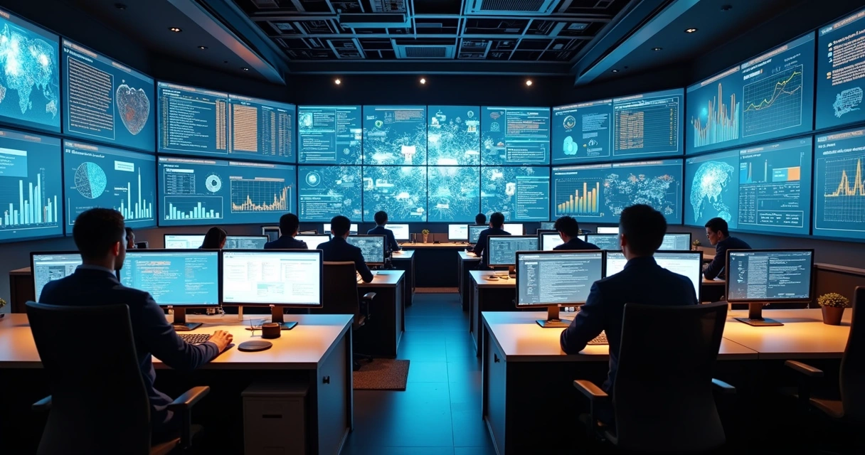 Equipe de TI em sala de controle monitorando alertas de segurança ERP 