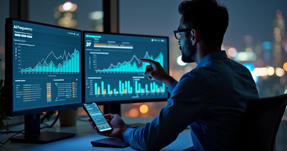 Gestor de tráfego analisando frequência de anúncios em um dashboard com gráficos 