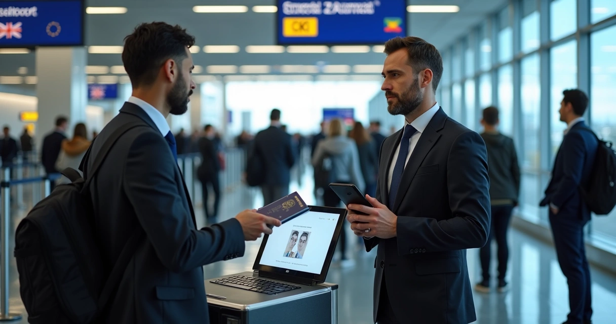 Oficial de fronteira europeu utilizando scanner de digitais de viajante brasileiro 