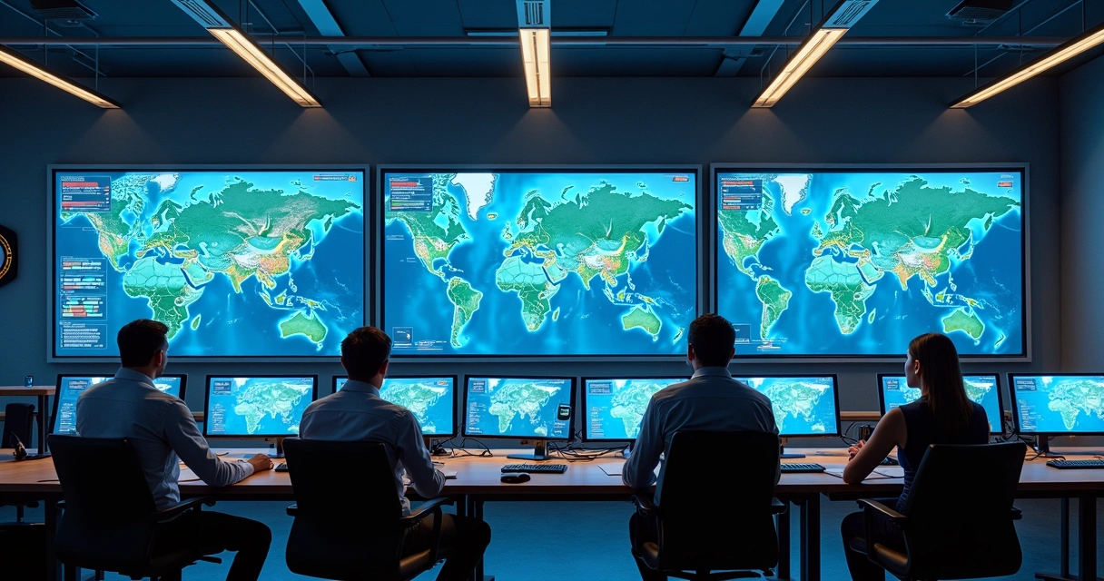 Sala de controle logístico monitorando diversas rotas e veículos em telas