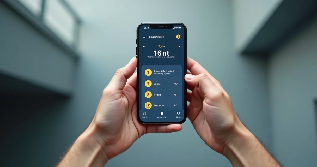 Mãos segurando celular exibindo controle total dos fundos em carteira de bitcoin 