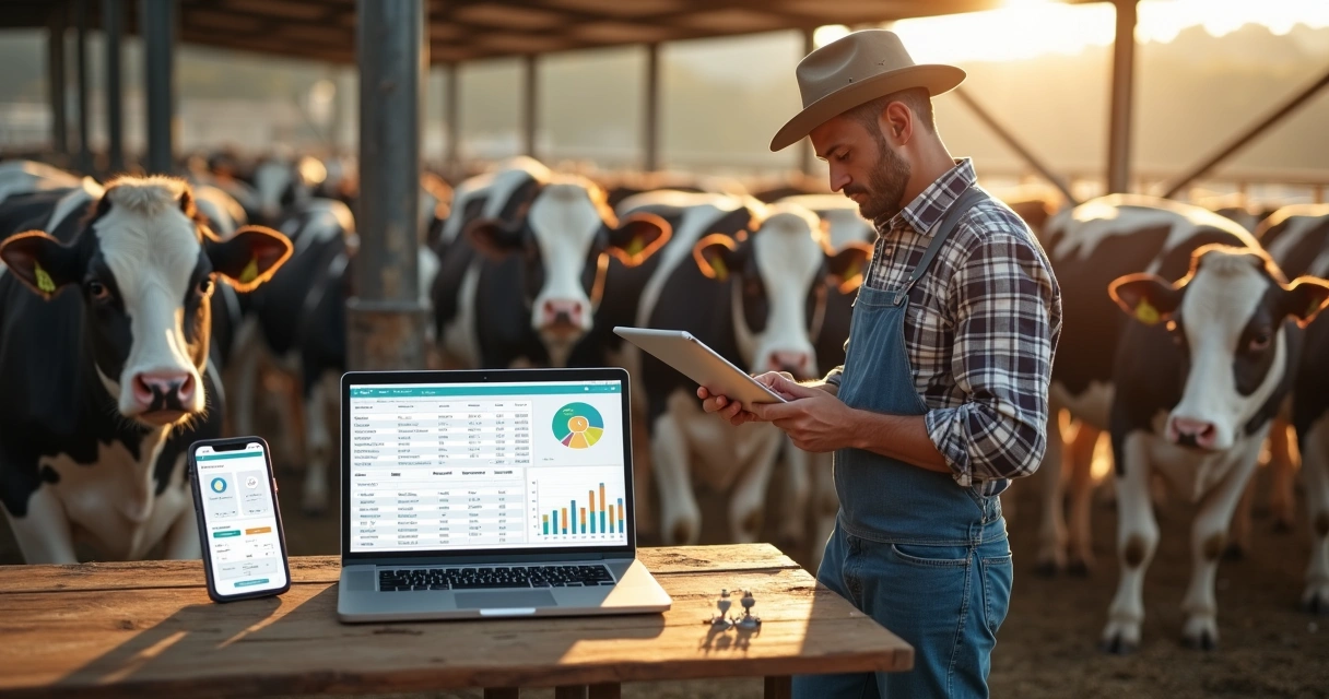 Produtor rural analisando planilha de gado de leite em tablet no estábulo 