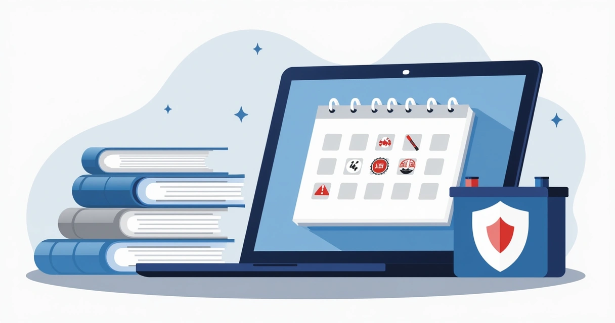 Ilustração corporativa de controle de garantia de baterias automotivas com calendário, alertas e documentos organizados em interface digital 