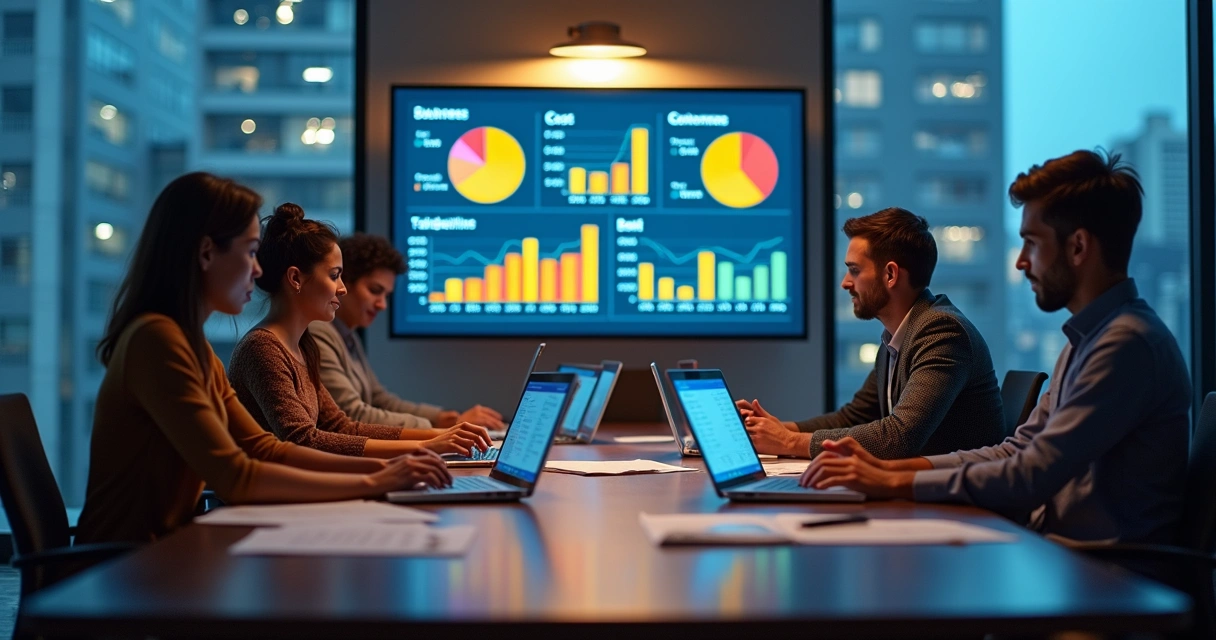 Pessoas analisando gráficos financeiros em mesa de reunião 