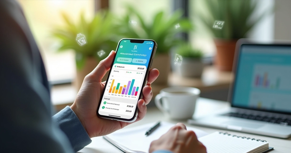 Pessoa controlando gastos de apps de assinatura no smartphone com gráficos e alertas financeiros na tela 