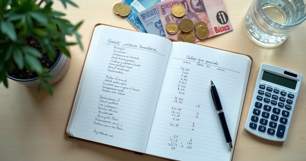 Caderno com orçamento mensal e calculadora sobre a mesa