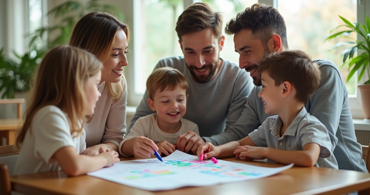 Pais e filhos juntos analisando orçamento em caderno e notebook
