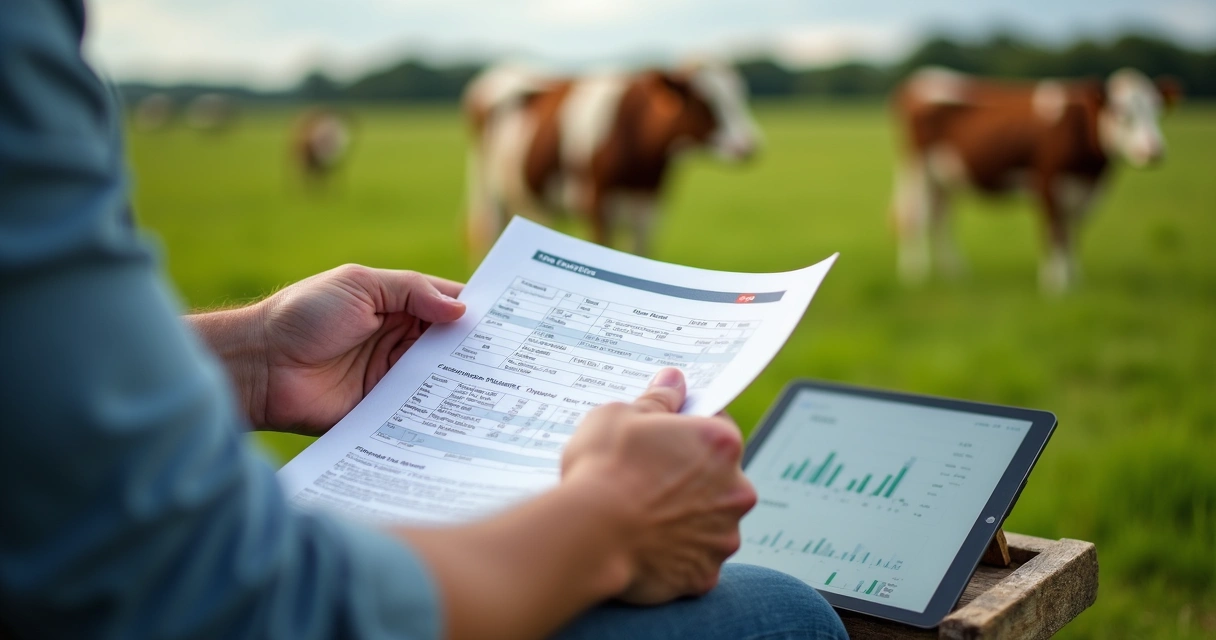 Produtor rural analisando relatório financeiro no campo 