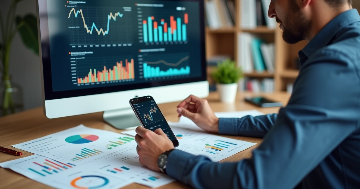 Pessoa analisando gastos e riscos em tela de computador e smartphone 