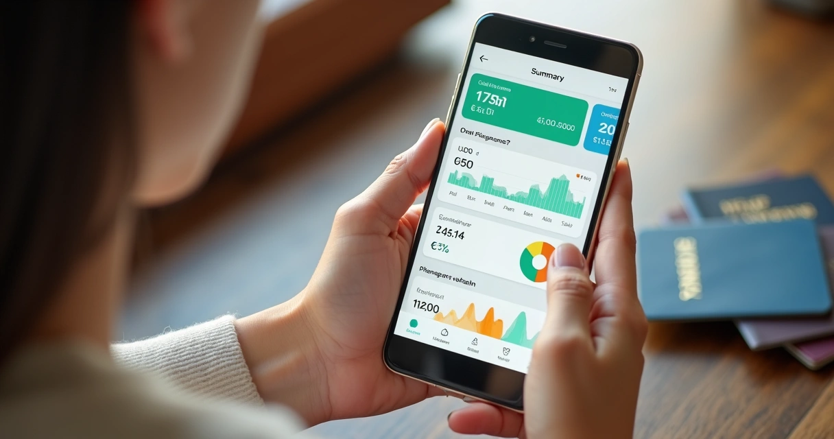 Mulher segurando celular exibindo resumo de finanças com diferentes moedas 