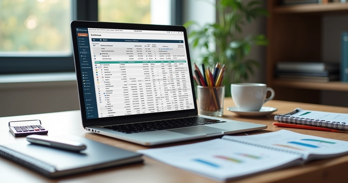 Mesa com laptop aberto mostrando planilhas financeiras, cadernos e calculadora ao lado para controle de gastos empresariais 