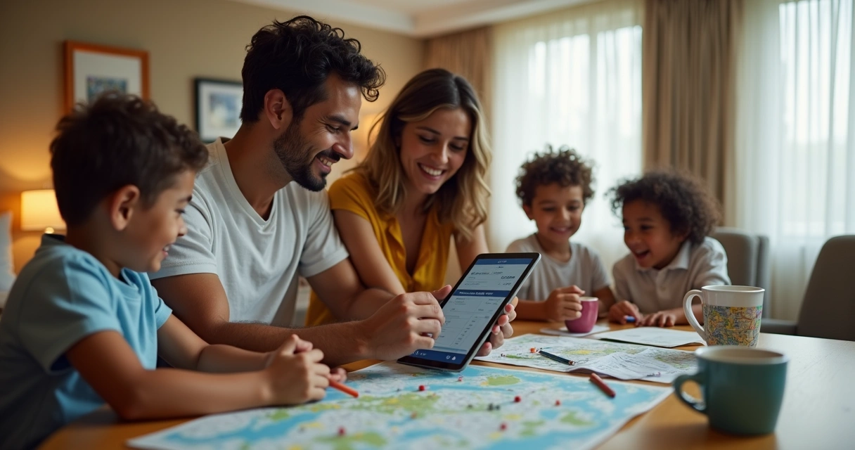 Pais revisando despesas nas férias com tablet e recibos 