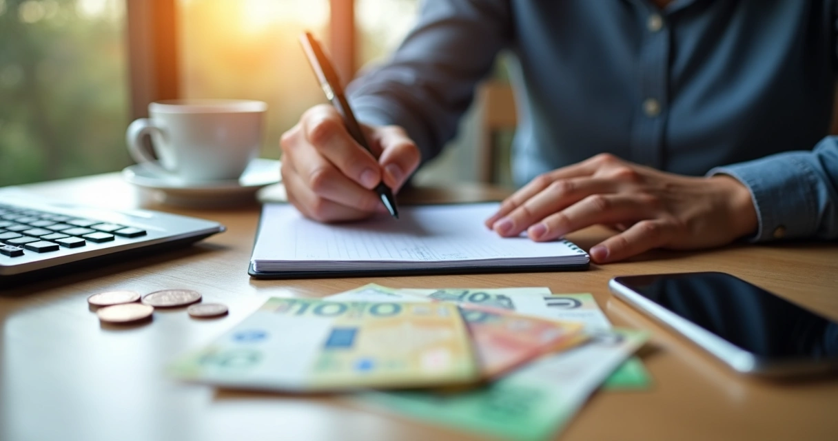 Pessoa anotando gastos em papel ao lado de uma calculadora e notas. 