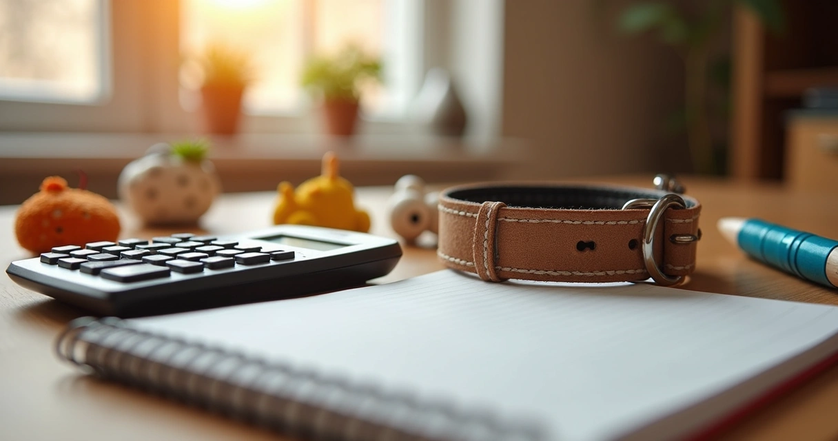 Mesa com coleira de cachorro, brinquedos e calculadora ao lado de caderno de anotações 