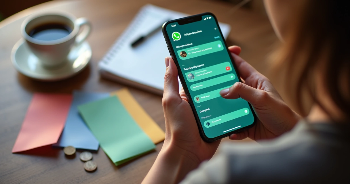 Pessoa usando WhatsApp no celular para registrar gastos financeiros