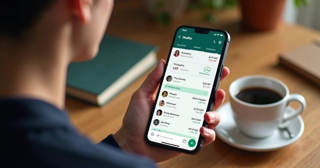 Mão segurando celular com conversa de finanças no WhatsApp 