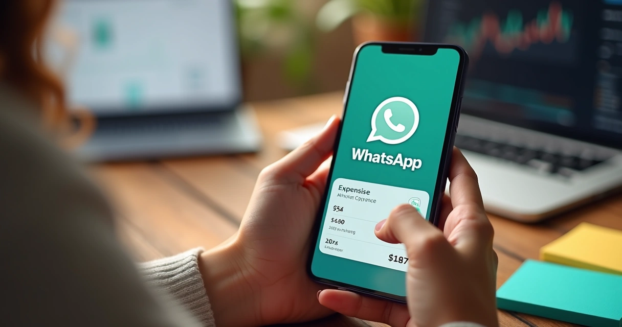 Pessoa anotando gastos no WhatsApp ao lado de notebook