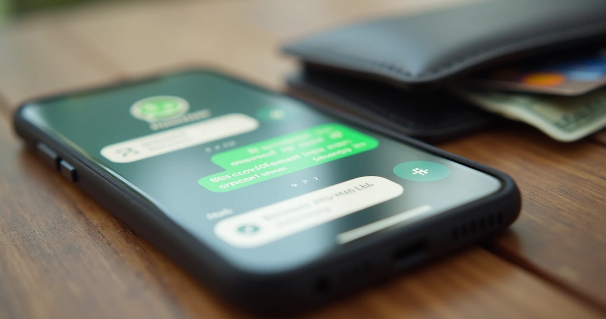 Relatório de gastos do WhatsApp aberto em celular ao lado de carteira e cartões. 