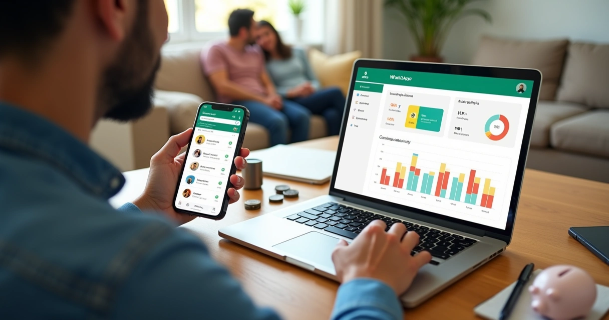 Pessoa usando WhatsApp para organizar gastos em gráfico colorido 
