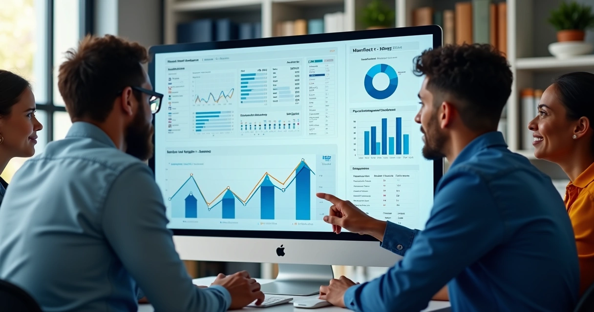 Equipe de vendas revisando gráficos e métricas em tela de computador para acompanhamento de follow-up 