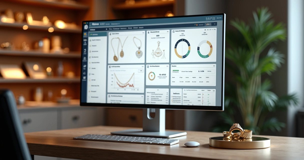 Tela de sistema para joalheria mostrando controle de estoque, vendas e finanças integrados 