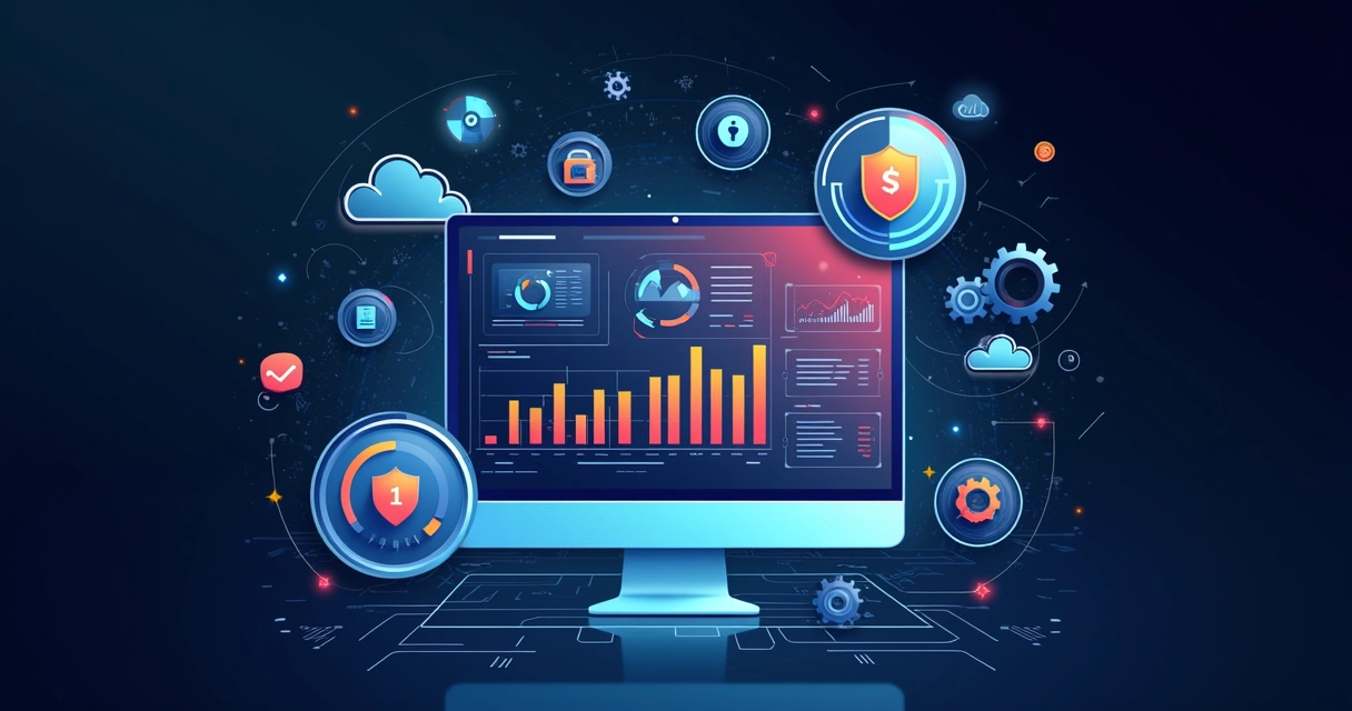 Tela digital com gráficos e ícones relacionados a gestão de licenças de software e segurança da informação 