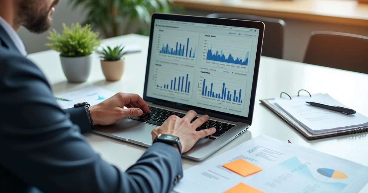 Gestor controlando prazos e entregas de serviços no computador com relatórios na tela 