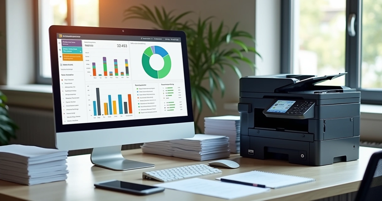 Mesa de escritório com impressora multifuncional em funcionamento, papéis organizados, suprimentos de impressão ao lado e tela de computador mostrando painel de controle de gestão de suprimentos 