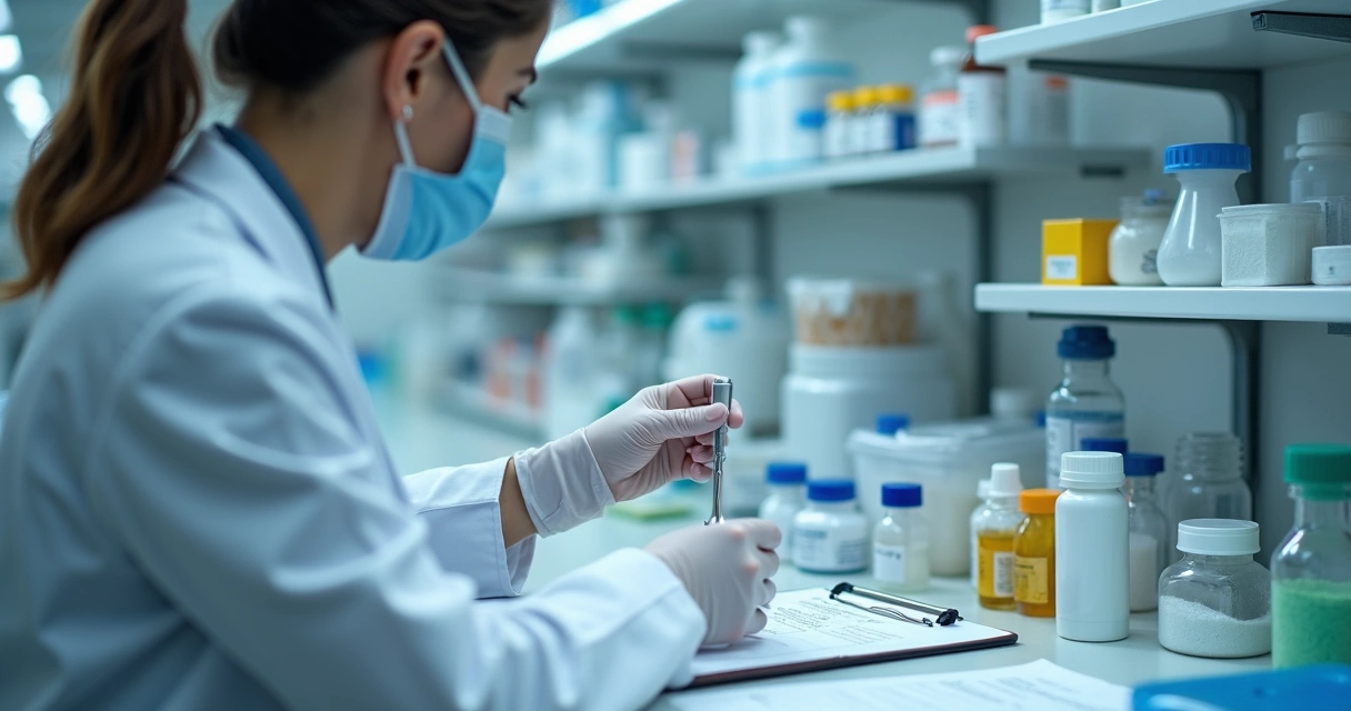 Profissional da saúde ajustando fórmula personalizada de medicamento em laboratório