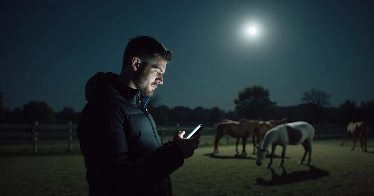 Homem usando um celular em um haras à noite sem iluminação elétrica, ao fundo cavalos e cercas visíveis com luz natural da lua 
