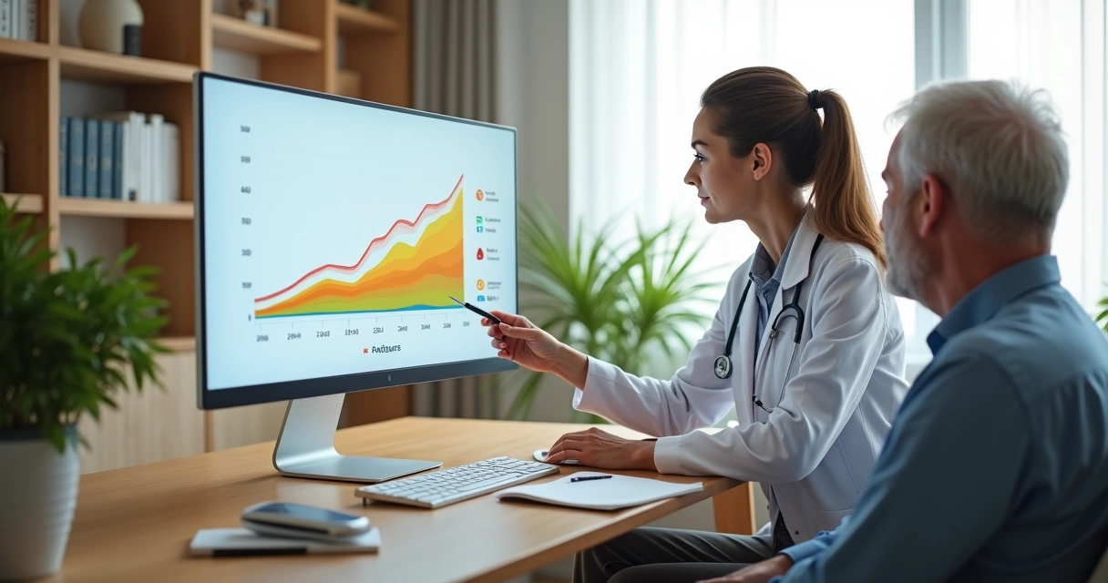 Profissional de saúde explicando gráfico de hemoglobina glicada para paciente com diabetes 