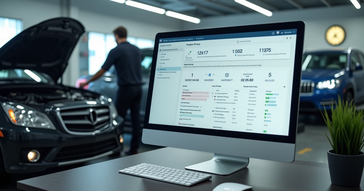 Tela com histórico de serviços do cliente ao lado de automóvel em oficina 