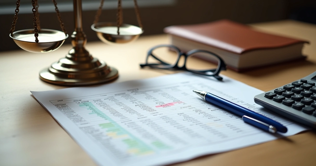 Mesa de perito com balança, planilha de honorários e calculadora 