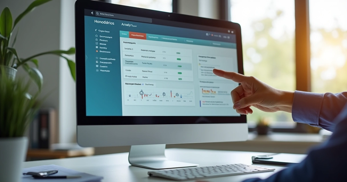 Pessoa analisando registros de honorários em tela de computador 