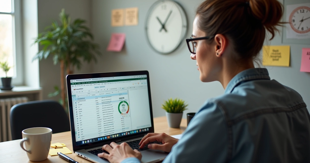 Homem usando notebook com cronômetro e planilhas abertas na mesa 