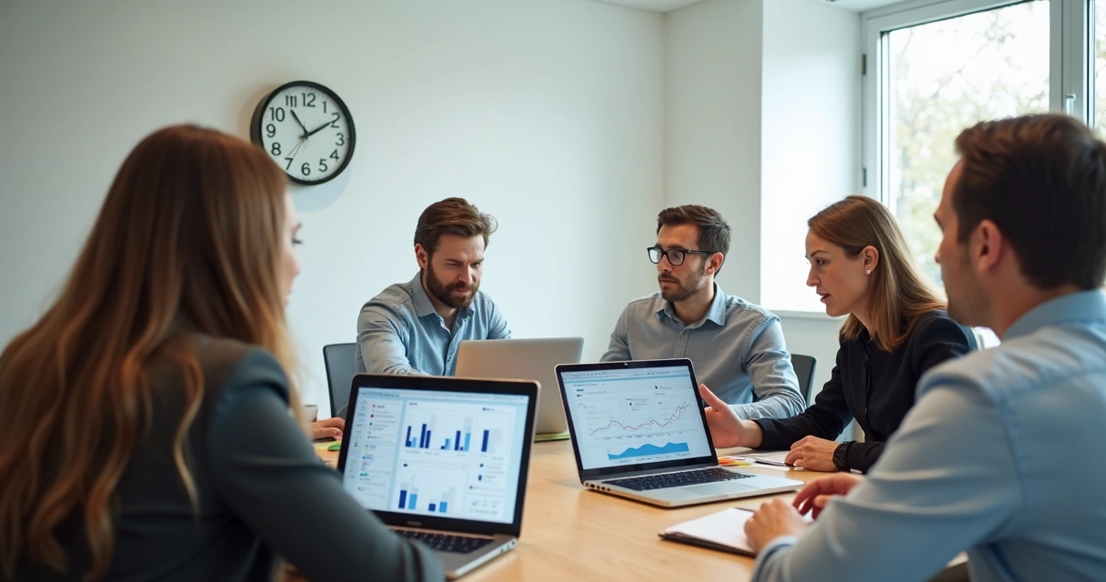 Equipe reunida analisando registros de horas em laptops